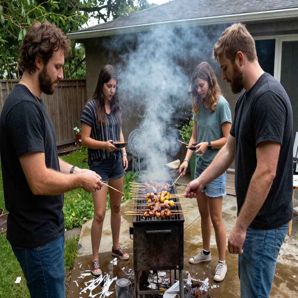Friends grill skewers on a slightly messy patio.