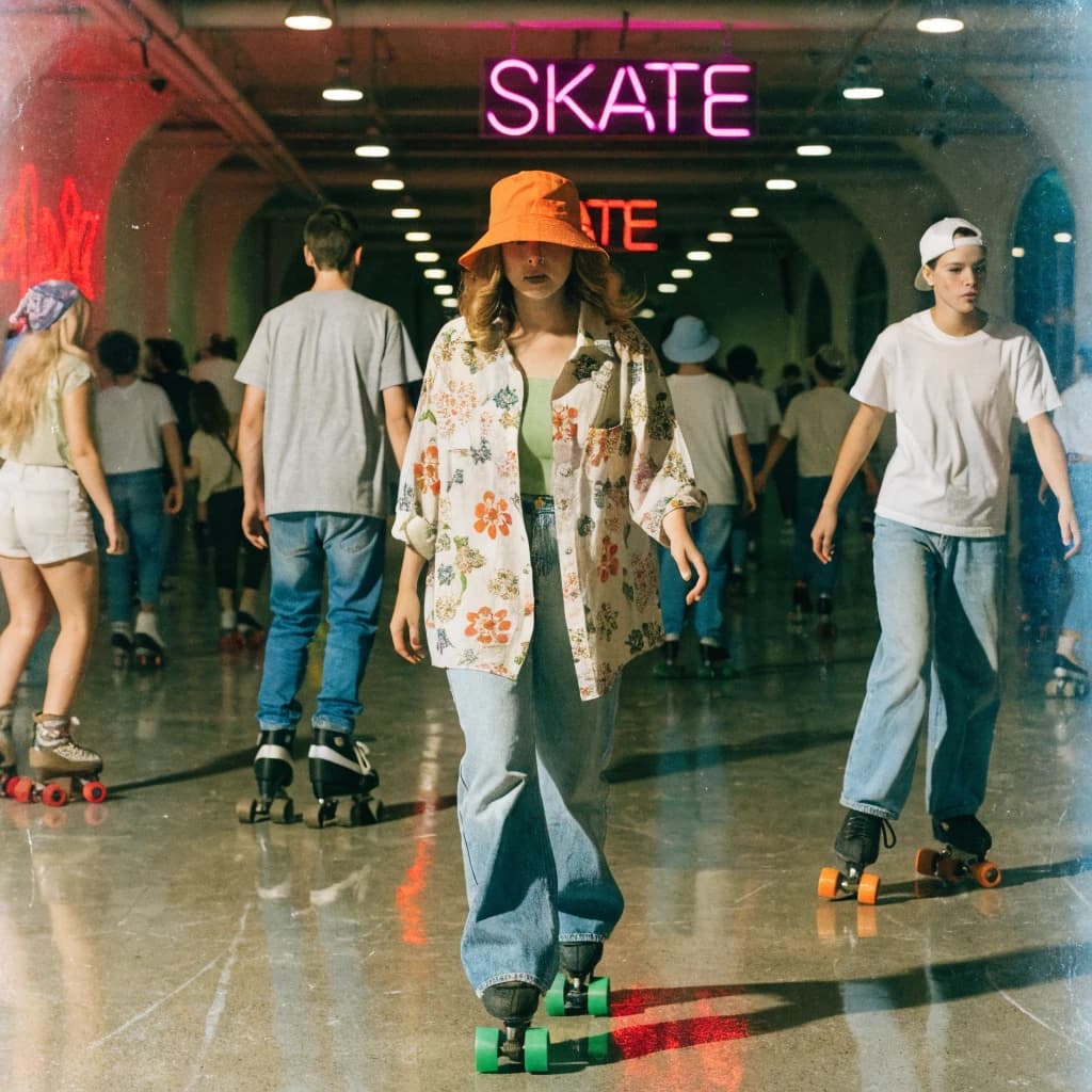 A 1970s roller rink crowd skates under neon, with a bit of fade and film grain.