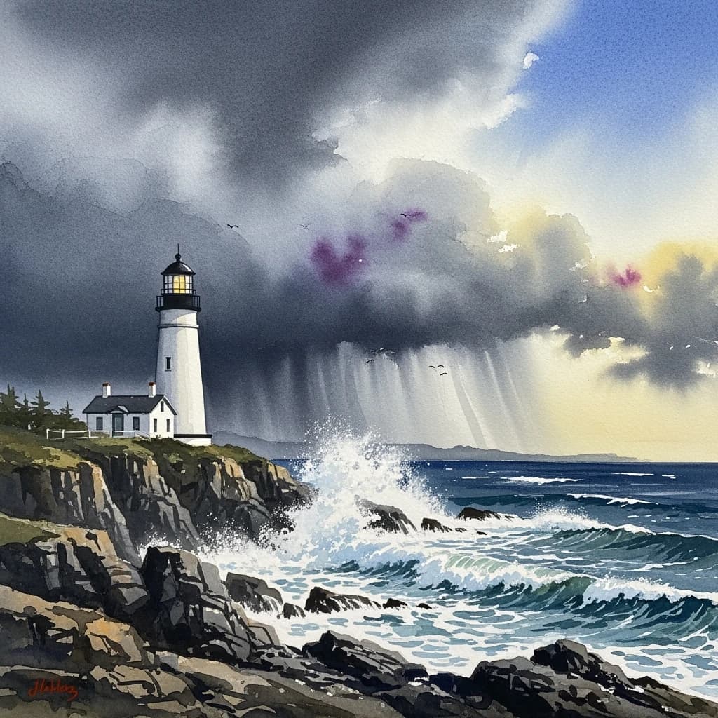 Please paint a watercolor of stormy cliffs and a lighthouse, moody sky.