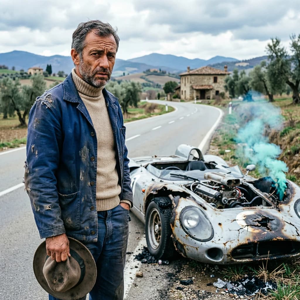 Mario examines the still smouldering wreck of the crash that took his best driver on the side of the country road. He designed this car and caused this. 3 days have passed since the crash. It's 1973 in Northern Italy.