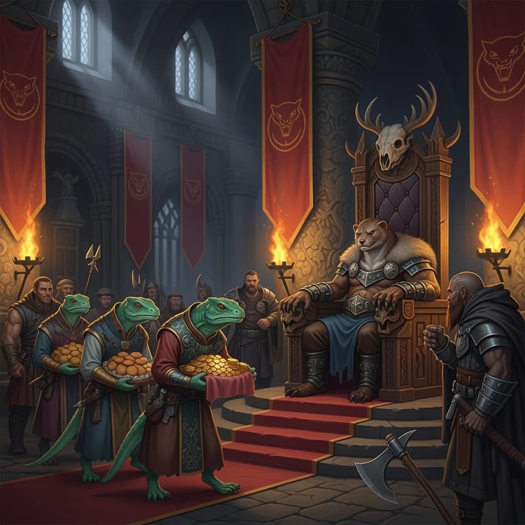 Big Weasel, the tyrannical ruler of the Levitus, slouches on his throne, his mood foul but somewhat brightened by the sight of gifts - a wearisome group of lizard traders adorned in fine silks proceed toward him through the hall with their annual tribute of biscuits, ham and gold - Big Weasel's favourites. Big Weasel's entourage looks on with stern approval.