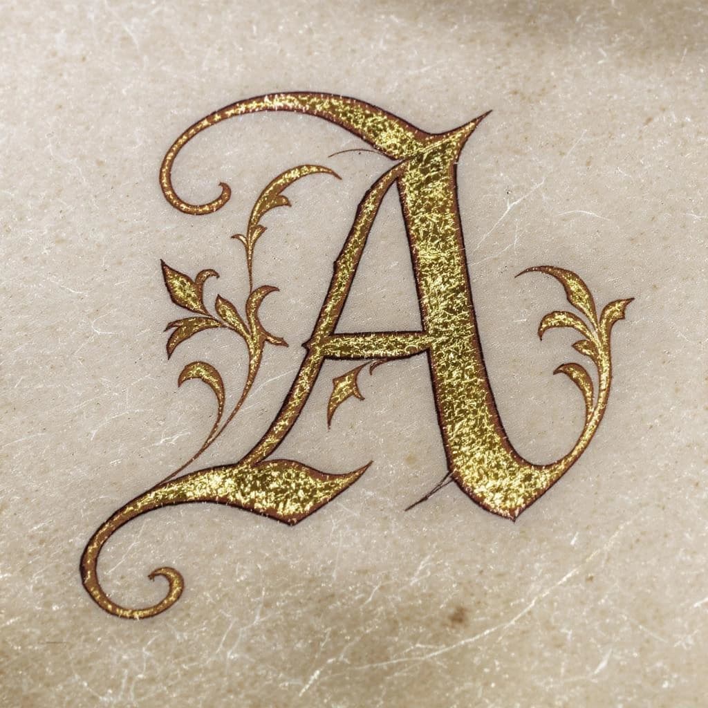 Illuminated letter A on vellum, gold leaf, a bit uneven flourishes.