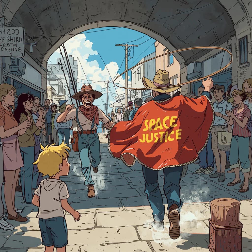 The space cowboy chases the deranged fisherman underneath the causeway, eager to collect on his bounty. Fishing rods and lines hang off the back off the fishermen as he darts between the bustling market crowd. We see the back of the space cowboy in his space poncho emblazoned with the words SPACE JUSTICE, spinning his lasso over his head. A child on the sidelines excitedly cheers the cowboy. 1990s hand drawn anime style with strong fluidity