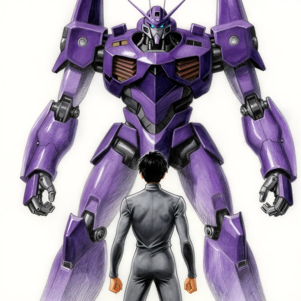 Clad in his body suit up to the neck, young Masa nervously approaches the towering mech with his back facing us. He is nervous for his first time in the field. The mech's bright purple colour scheme contrasts with the grey body suit. The scale of the mech dwarfs Masa. Hand drawn style