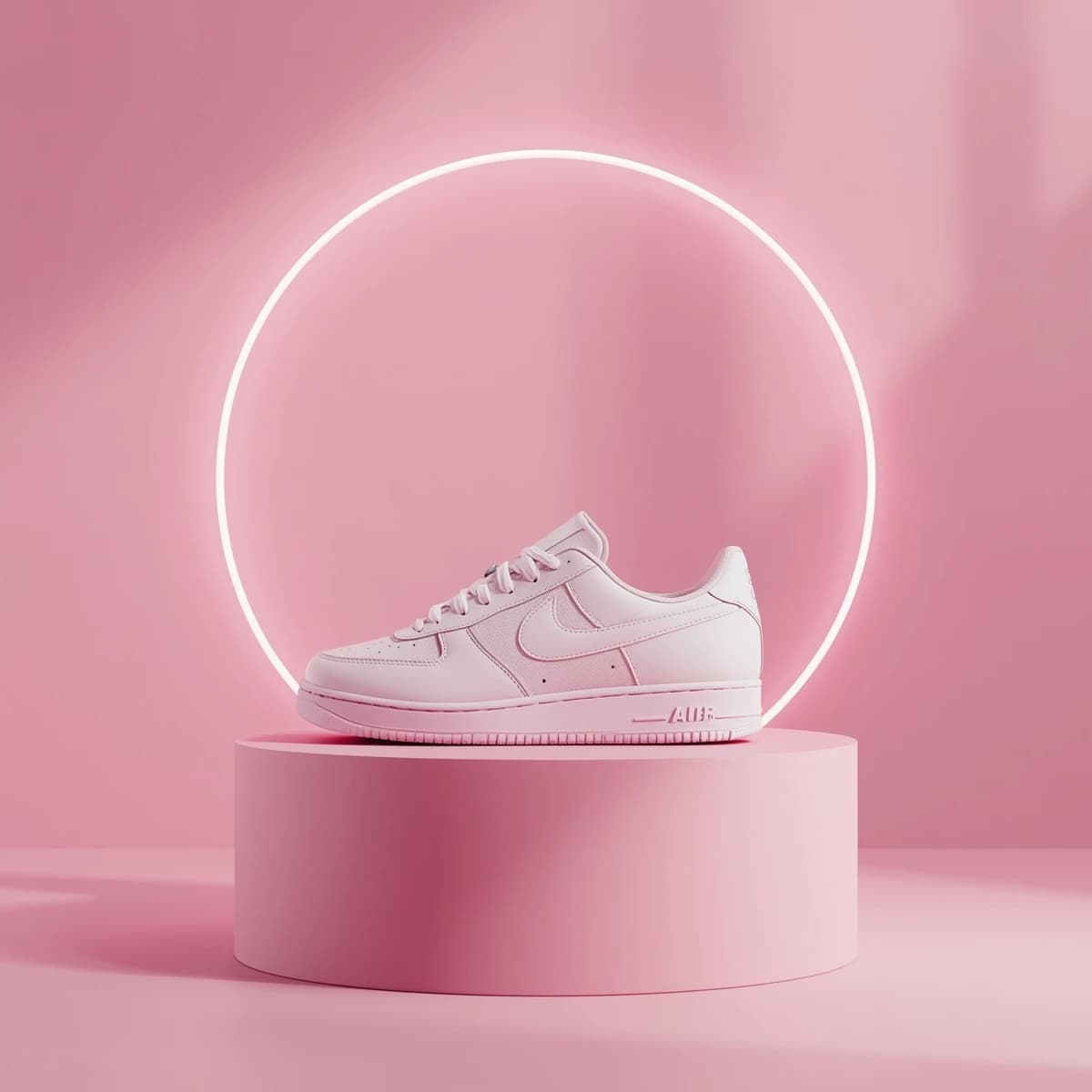 Make a polished 3D ad render: sneakers on glossy plinths, rim lighting.
