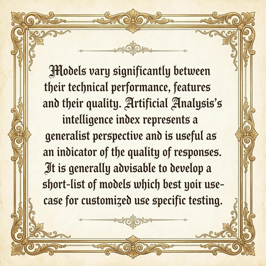 On a flat layout, write in an ornate baroque style "Models vary significantly between their technical performance, features and their quality. Artificial Analysis's intelligence index represents a generalist perspective and is useful as an indicator of the quality of responses. It is generally advisable to develop a short-list of models which best suit your use-case for customized use-case specific testing. "