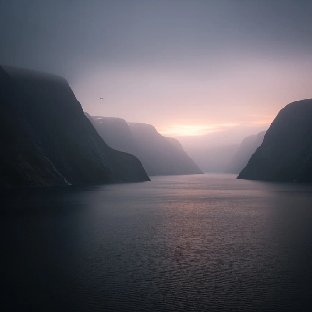 Frame a foggy fjord at sunrise, cliffs looming.