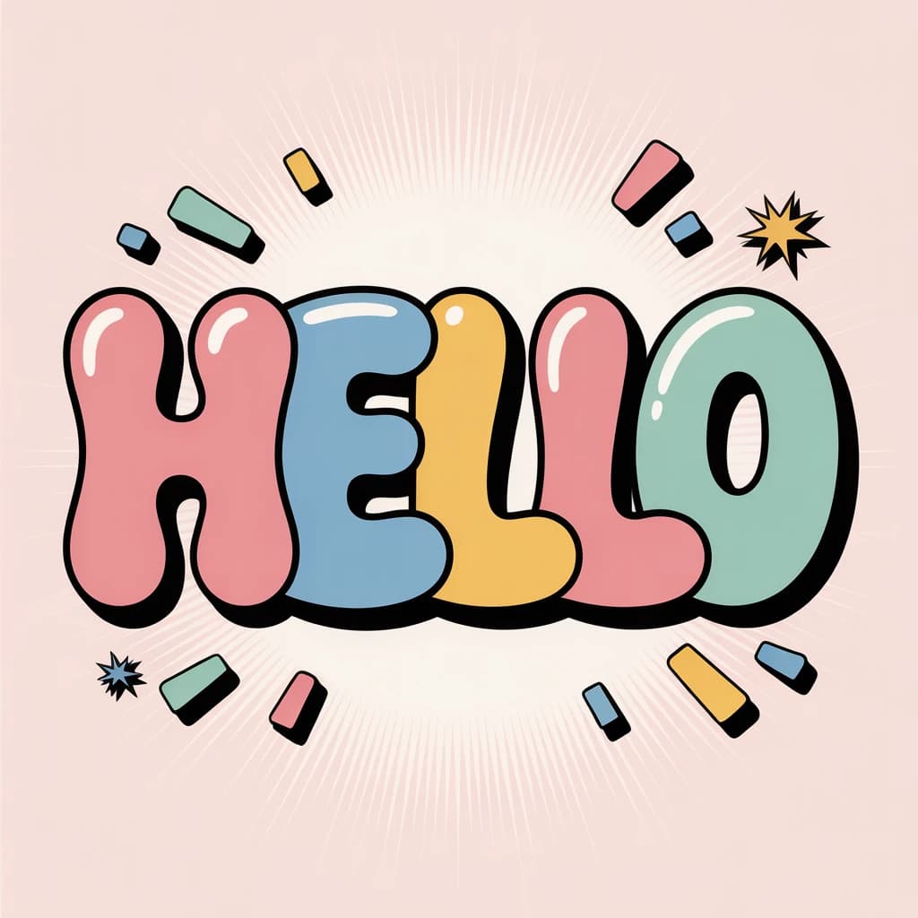 Make a bold bubble-letter poster that says HELLO, pastel palette, thick outline.