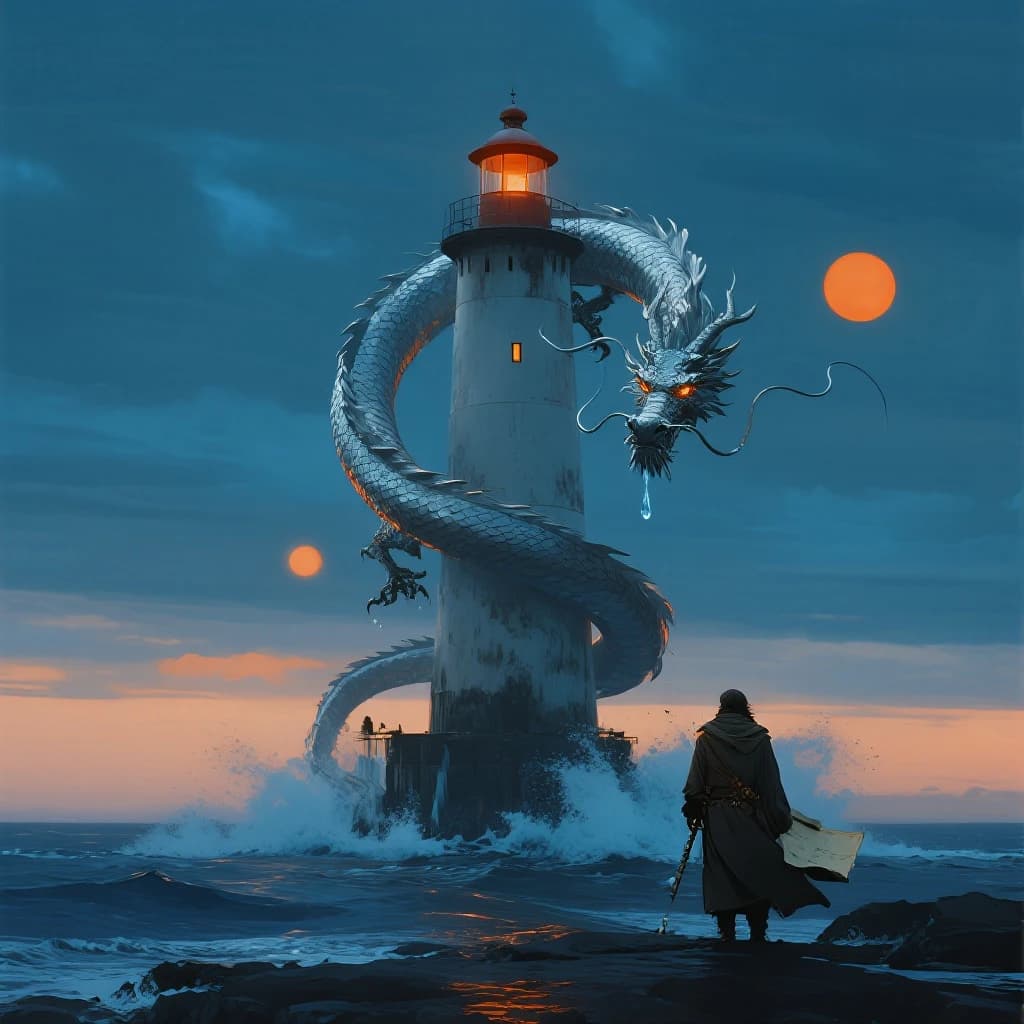 A dragon of molten silver coils around a lighthouse. The storming sea below crashes upward in frozen stillness, as though caught mid-motion. The dragon’s molten eyes drip tears of ice. On the horizon, two suns set next to each other, casting orange light on one side of the tower and blue on the other. A cloaked traveler carries an ancient weapon in his left hand and a scroll in his right.