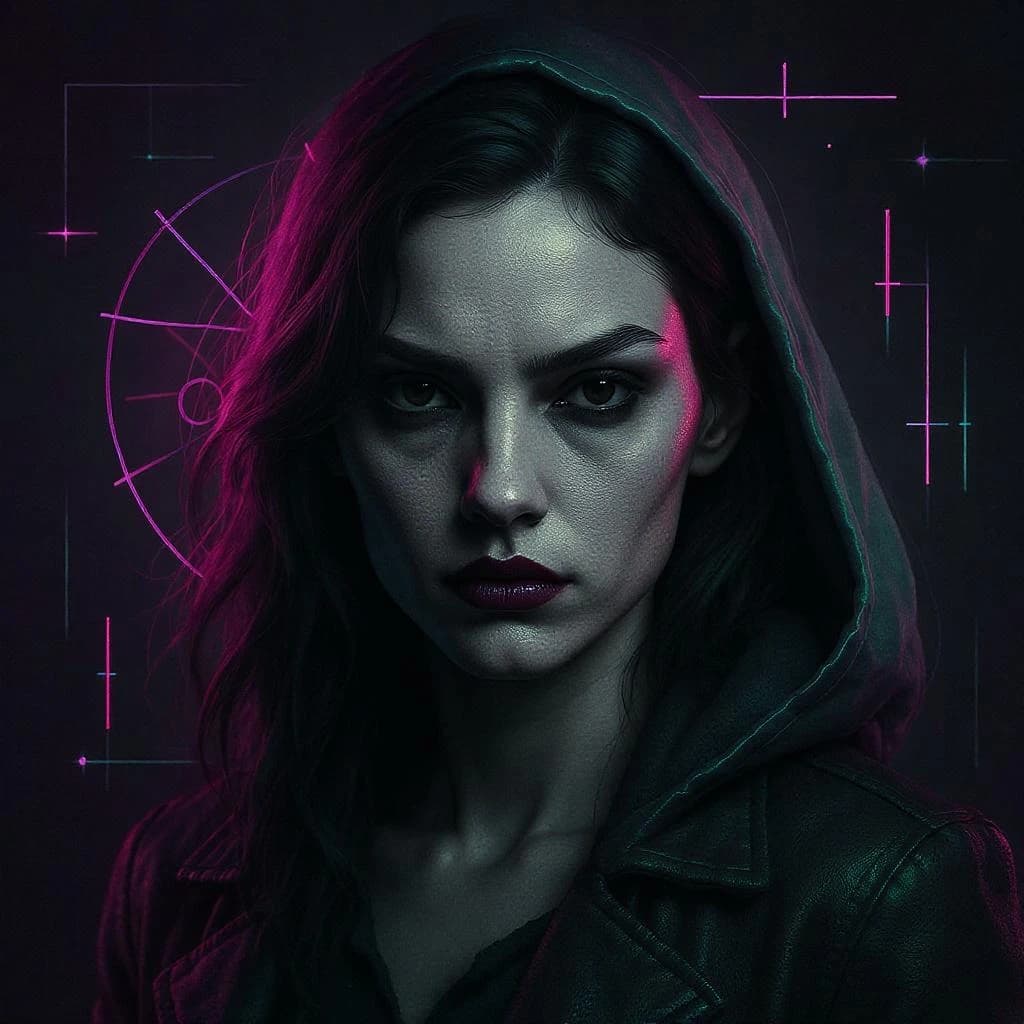 Render a stark 3D portrait of a stern woman, neon accents and vector overlays.