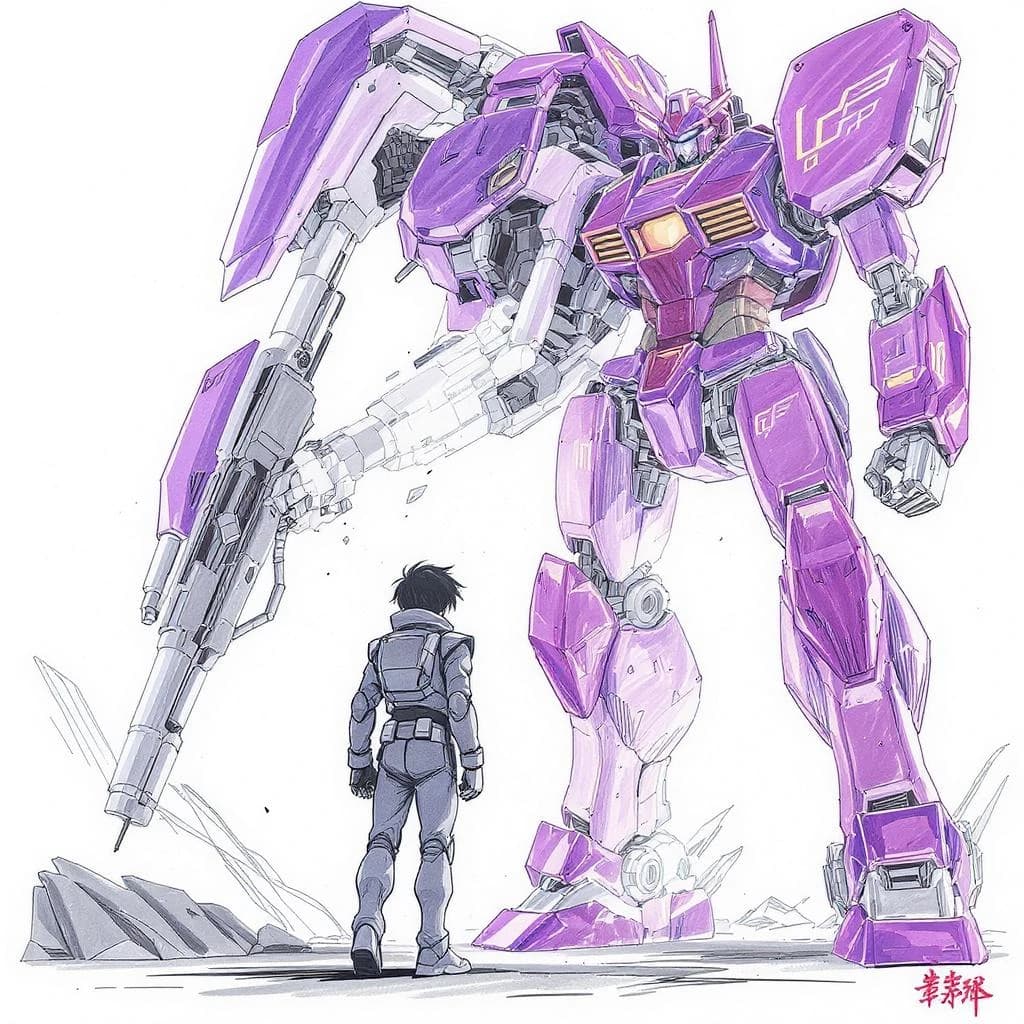 Clad in his body suit up to the neck, young Masa nervously approaches the towering mech with his back facing us. He is nervous for his first time in the field. The mech's bright purple colour scheme contrasts with the grey body suit. The scale of the mech dwarfs Masa. Hand drawn style