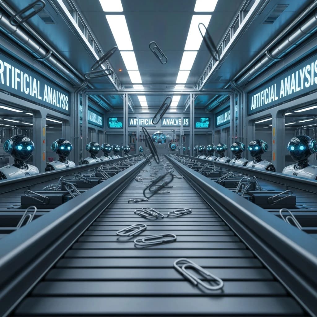 Close up point of view perspective on a conveyor belt pumping out paperclips at a maddening pace. The high tech factory has Artificial Analysis printed proudly on the wall. Robot staff look approvingly over the robust output.