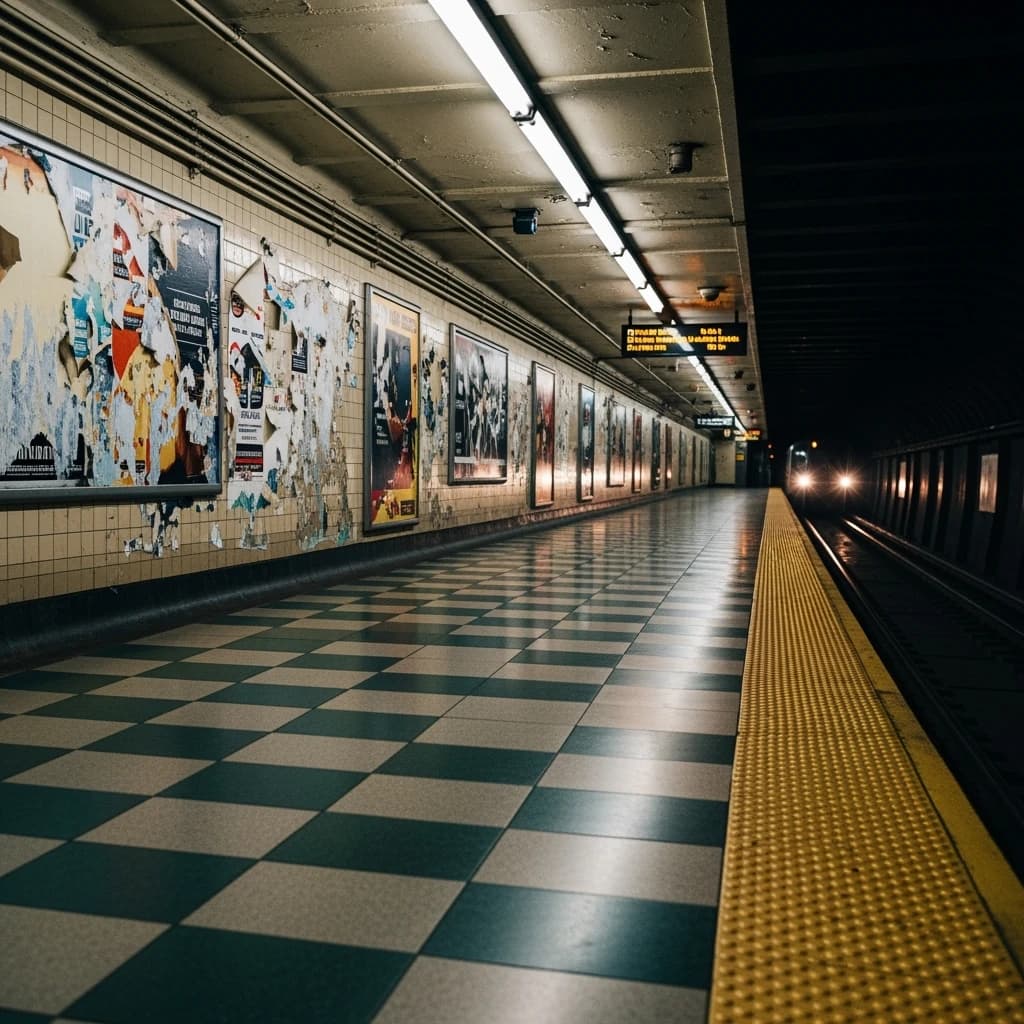 A subterranean subway platform with glossy tiles, peeling posters, flickering fluorescent lights, yellow safety line, and a distant train coming; slightly damp, echoes carry.