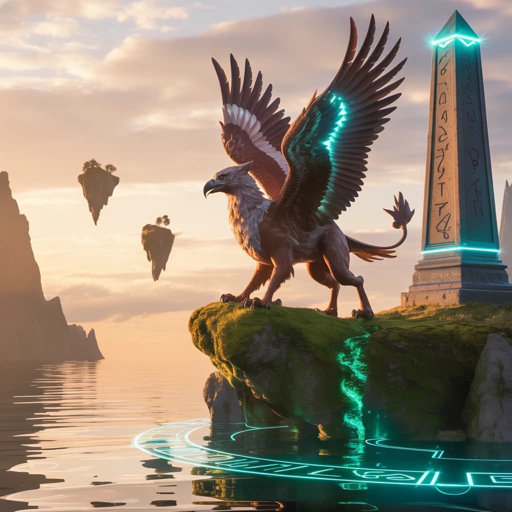 At dawn, a winged griffin lands on a mossy cliff above a jade sea beside a runed obelisk; floating isles drift under golden sunbeams, with a bit of sea spray and glowing runes.
