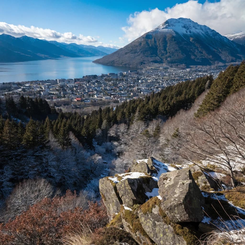 Queenstown's Lake Wakatipu, viewed from the top of Queenstown Hill after a snowstorm just dusted the top of Cecil's Peak
