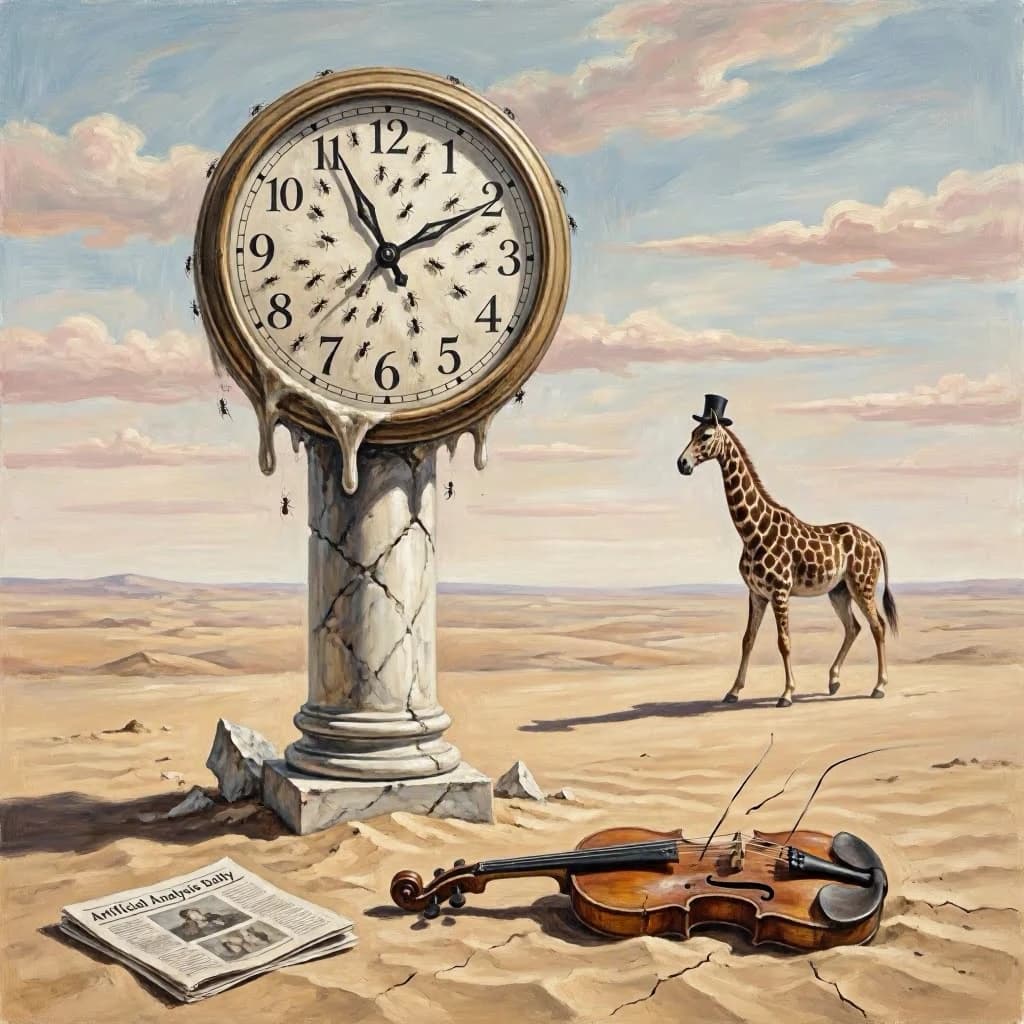 A vast desert plain stretches endlessly under a sky streaked with pale pink and ochre clouds. In the center stands a colossal clock, its face drooping and melting over the edge of a broken marble column. Ants swarm across its warped surface, glinting in the harsh sunlight. To the right, a horse with a giraffe like neck wearing a top hat strides toward the horizon, its shadow stretching miles across the sand. A cracked violin lies half-buried in the foreground, strings snapping outward like veins. Painted in the dreamlike surrealist style. A newspaper named the "Artificial Analysis Daily" lies on the Floor.