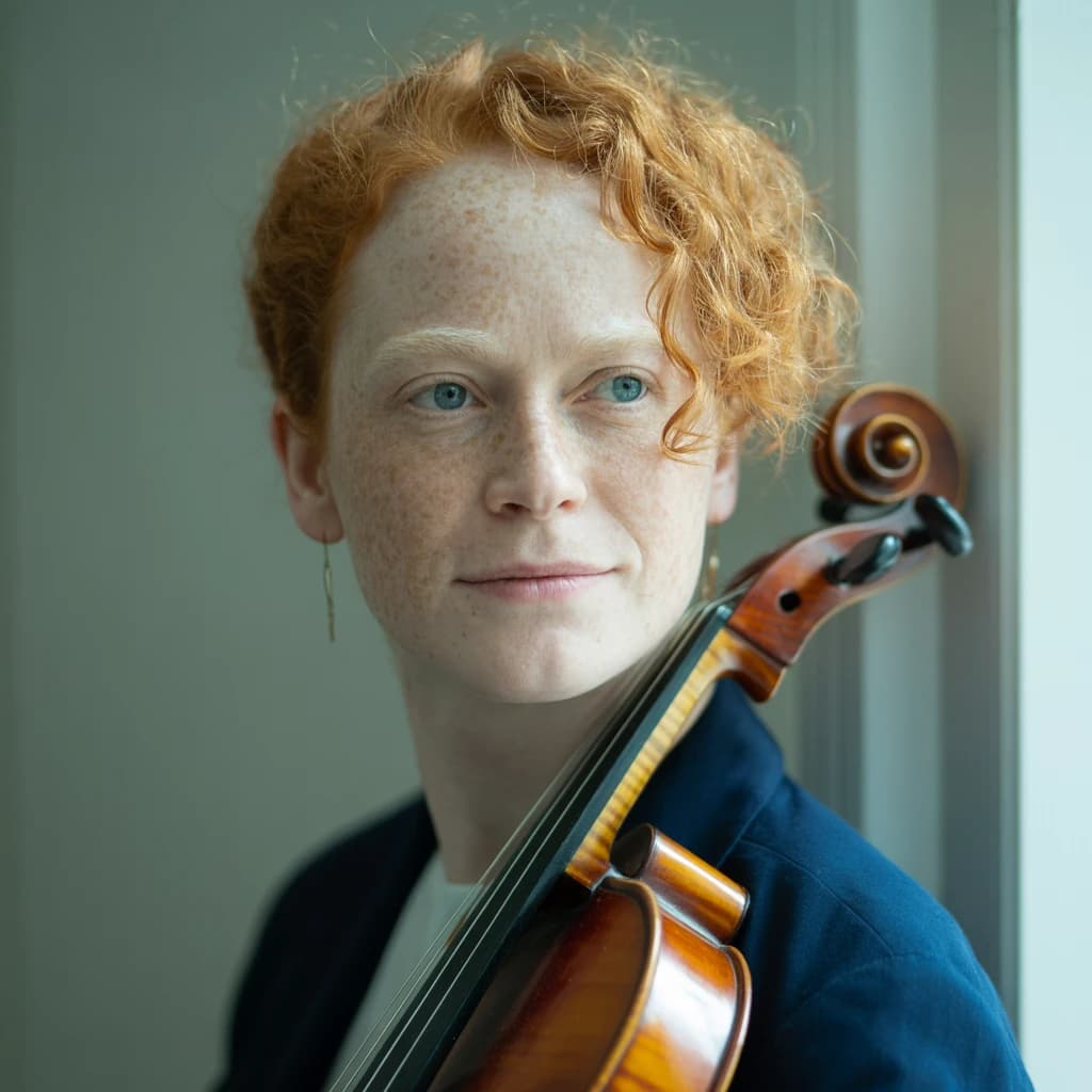 Capture a head-and-shoulders portrait of a freckled red-haired violinist in a navy blazer, soft window light, 85mm at f/1.8, gently smiling yet serious eyes, muted tones.