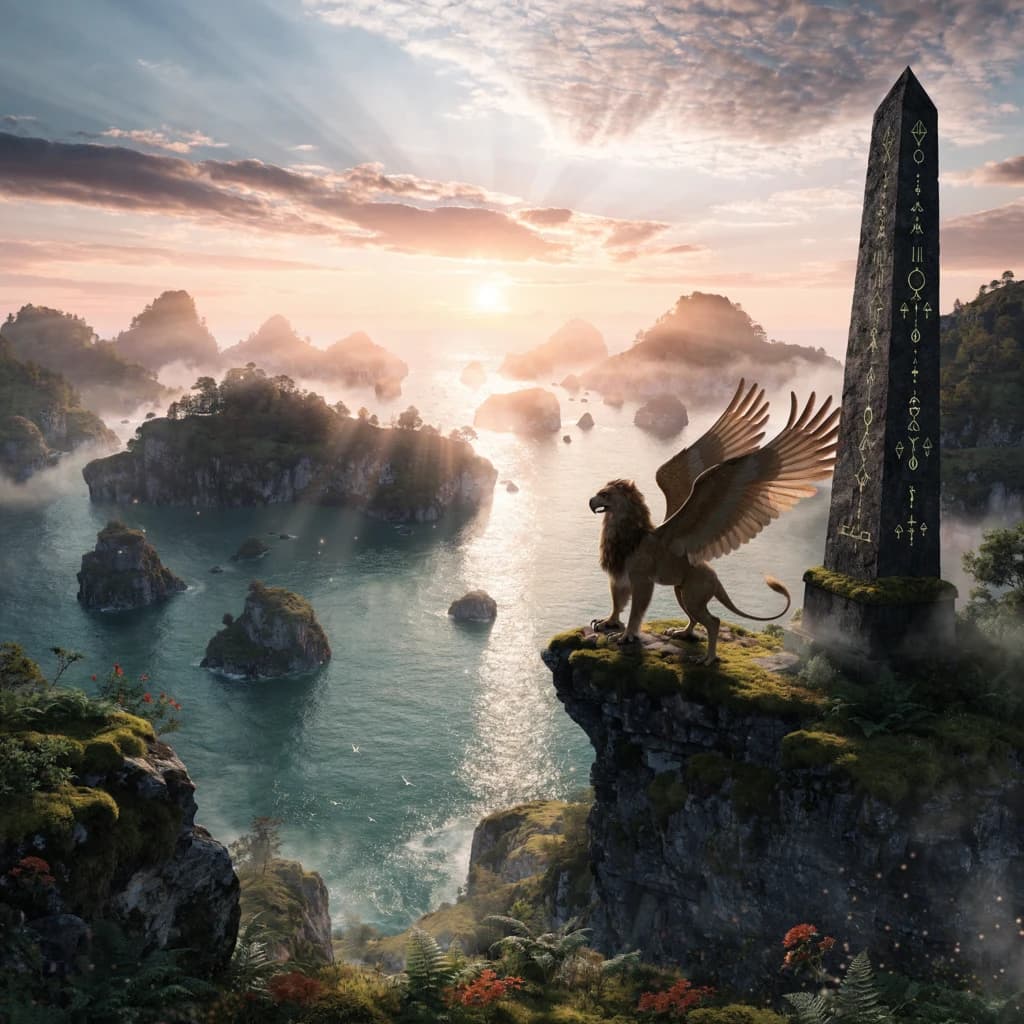 At dawn, a winged griffin lands on a mossy cliff above a jade sea beside a runed obelisk; floating isles drift under golden sunbeams, with a bit of sea spray and glowing runes.