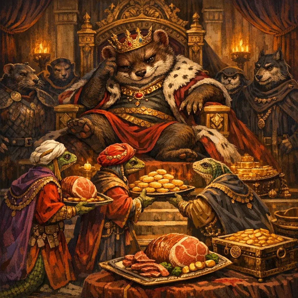 Big Weasel, the tyrannical ruler of the Levitus, slouches on his throne, his mood foul but somewhat brightened by the sight of gifts - a wearisome group of lizard traders adorned in fine silks proceed toward him through the hall with their annual tribute of biscuits, ham and gold - Big Weasel's favourites. Big Weasel's entourage looks on with stern approval.