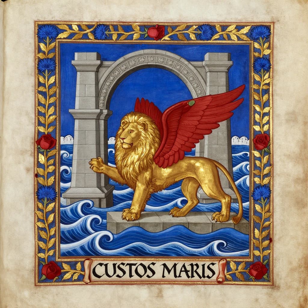 Paint an illuminated manuscript scene of a winged lion guarding a sea gate.
