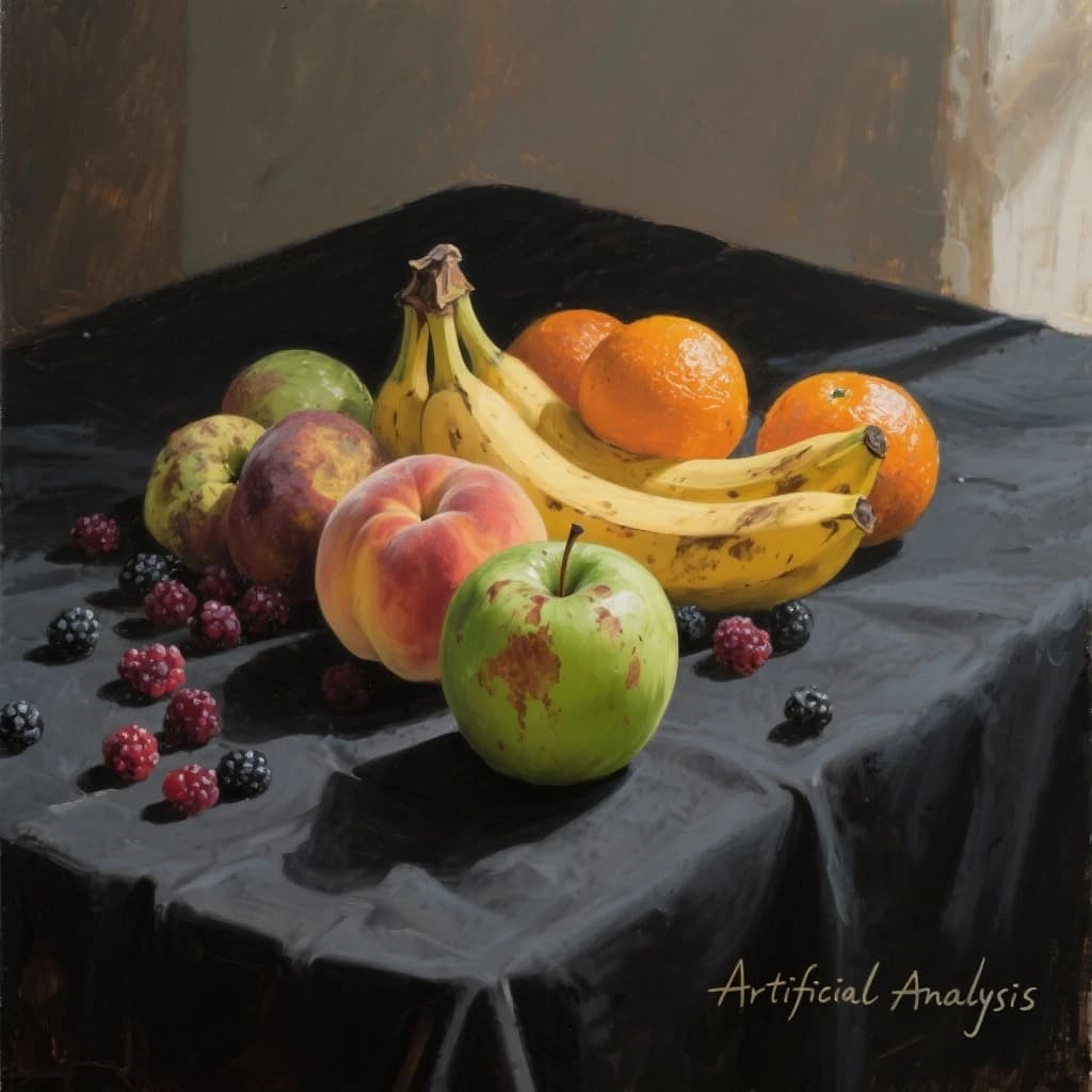 A still life scene painted oil on canvas, comprising various fruits on a black table cloth with striking lighting coming from the right out of frame, creating strong shadows. A bruised green apple is in the foreground, a peach behind it, and behind that a melange of oranges and bananas in various states of ripeness. Berries are strewn in front of the apple. The artist has signed his name "Artificial Analysis" in the bottom right corner in a hurried fashion.