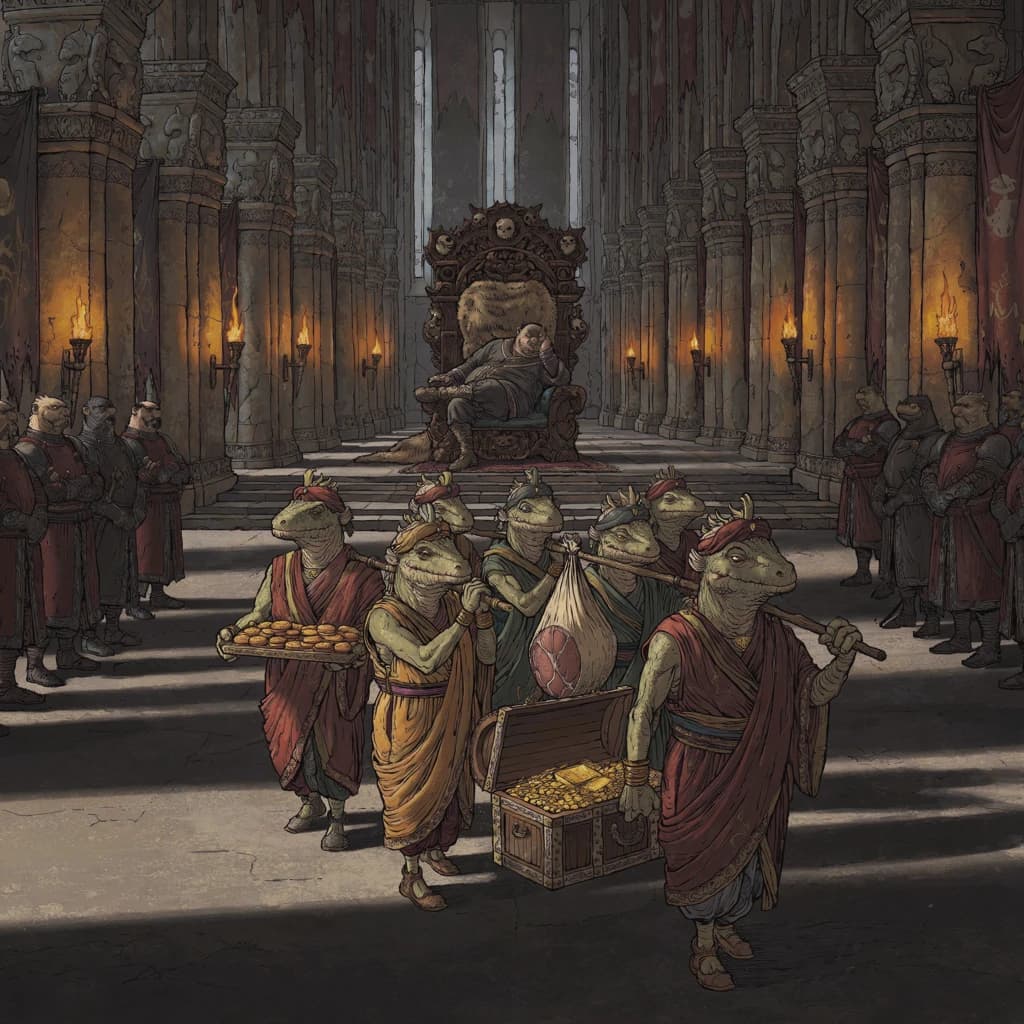 Big Weasel, the tyrannical ruler of the Levitus, slouches on his throne, his mood foul but somewhat brightened by the sight of gifts - a wearisome group of lizard traders adorned in fine silks proceed toward him through the hall with their annual tribute of biscuits, ham and gold - Big Weasel's favourites. Big Weasel's entourage looks on with stern approval.
