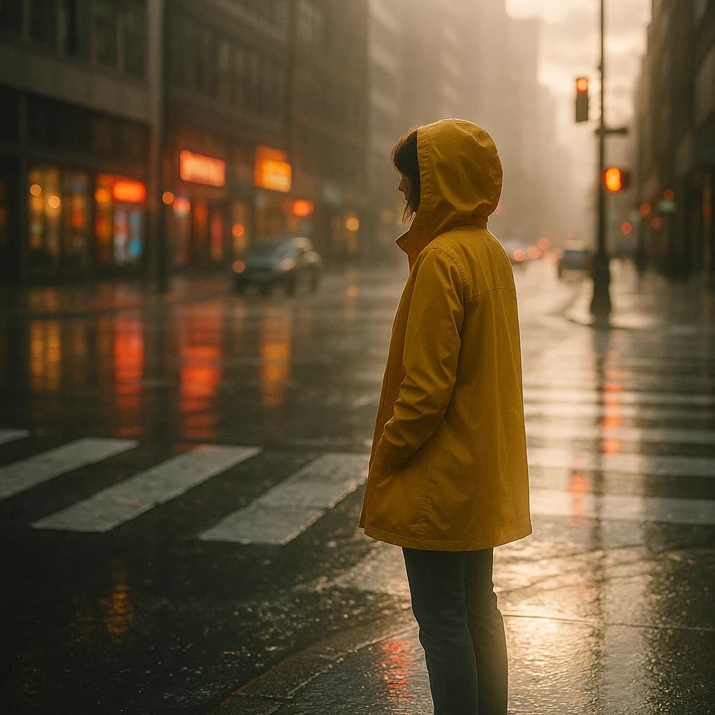 A sunlit city street after rain; puddles mirror neon signs as a woman in a yellow raincoat waits at a crosswalk, soft mist, 50mm look, natural tones, a bit of film grain.