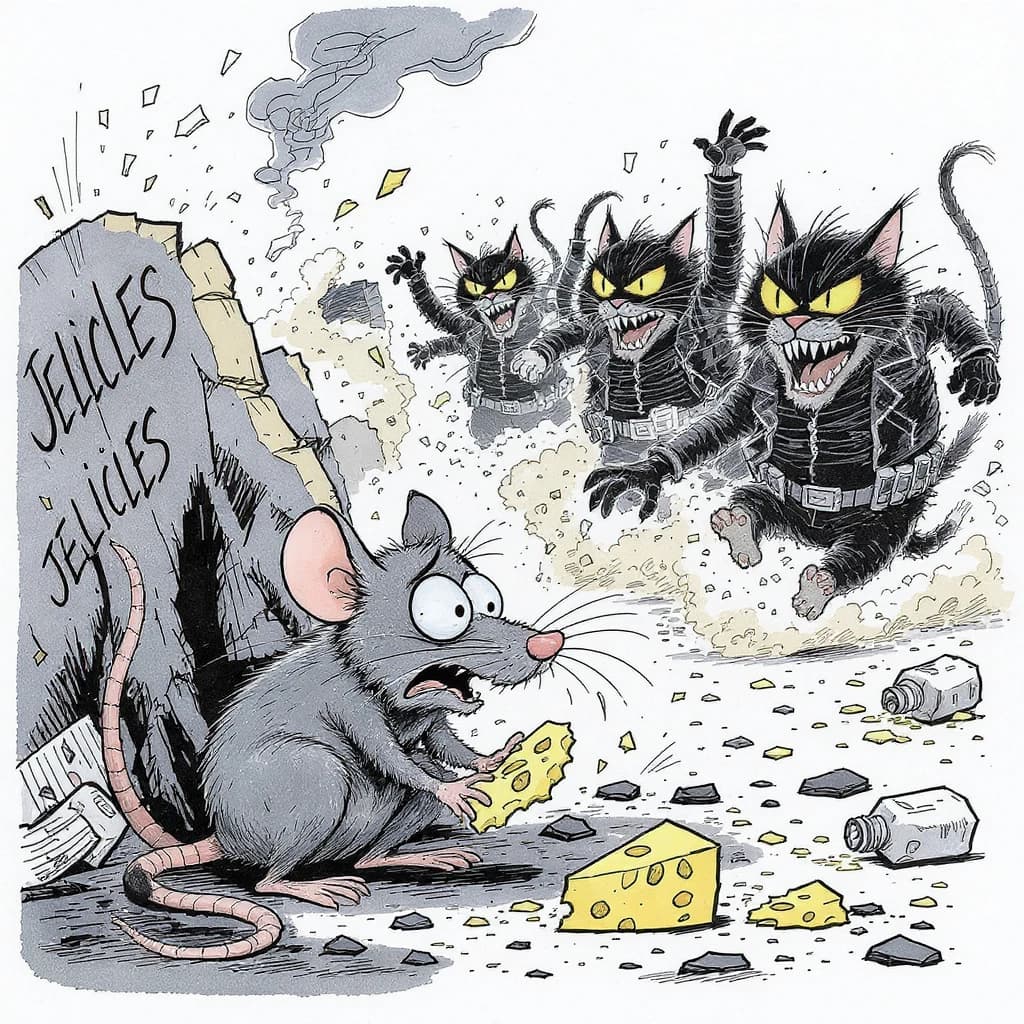 The cartoon rat clenches his thin wedge of cheese and trembles in fear as he hides from the menacing Jellicles, the roaming cat motorcycle gang, all wearing their colors with the name on the back. The cats have all drunk far too much milk and are causing a big ruckus! One cat is close to finding the rat