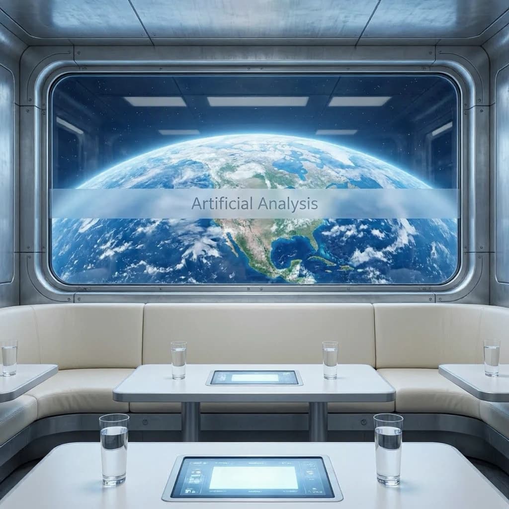 The orbital lounge has brushed aluminum walls and pale leather banquettes. Low white tables are inset with glowing touchscreens. Drinks are clear, flavorless, in tall unmarked glasses. The viewport is floor-to-ceiling, showing Earth moving slowly beneath. The word Artificial Analysis is etched discreetly on the glass in a frosted band.