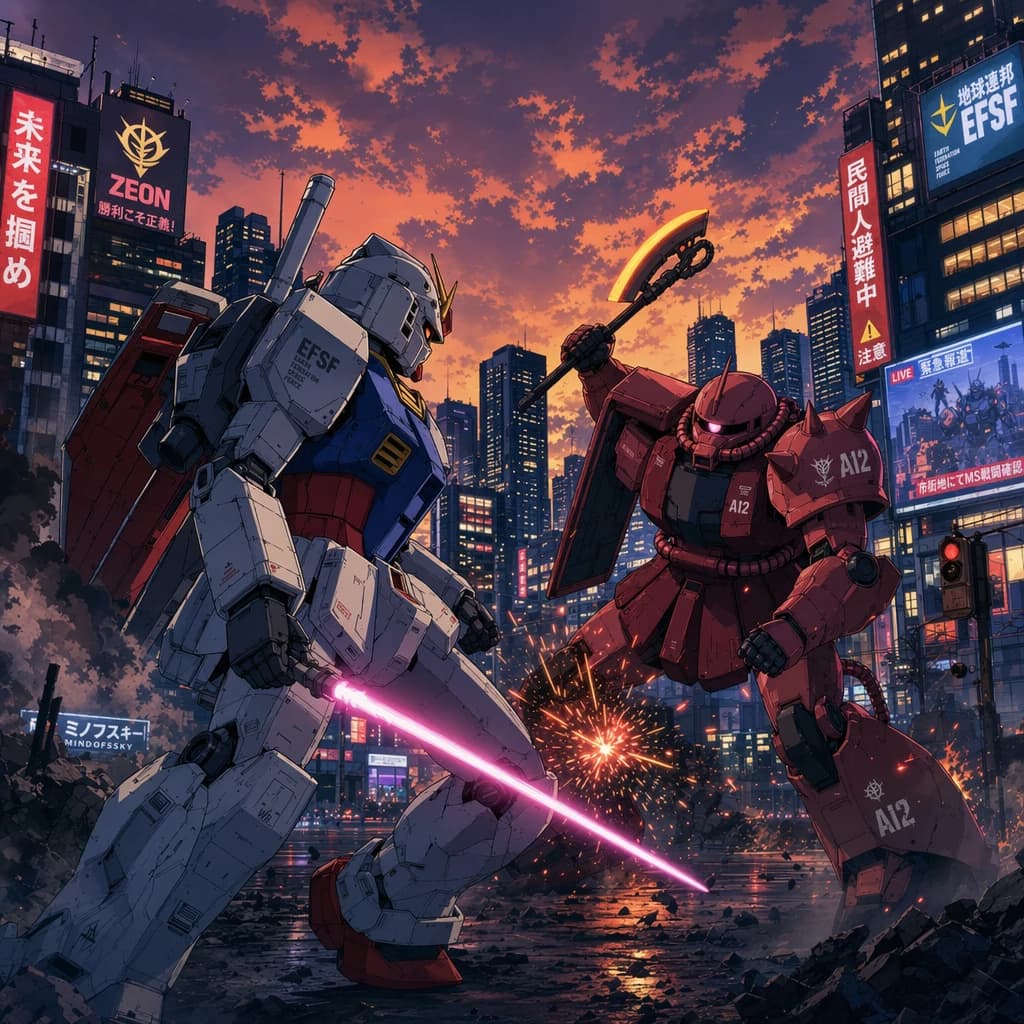 Make a cel-shaded mecha duel at dusk downtown.