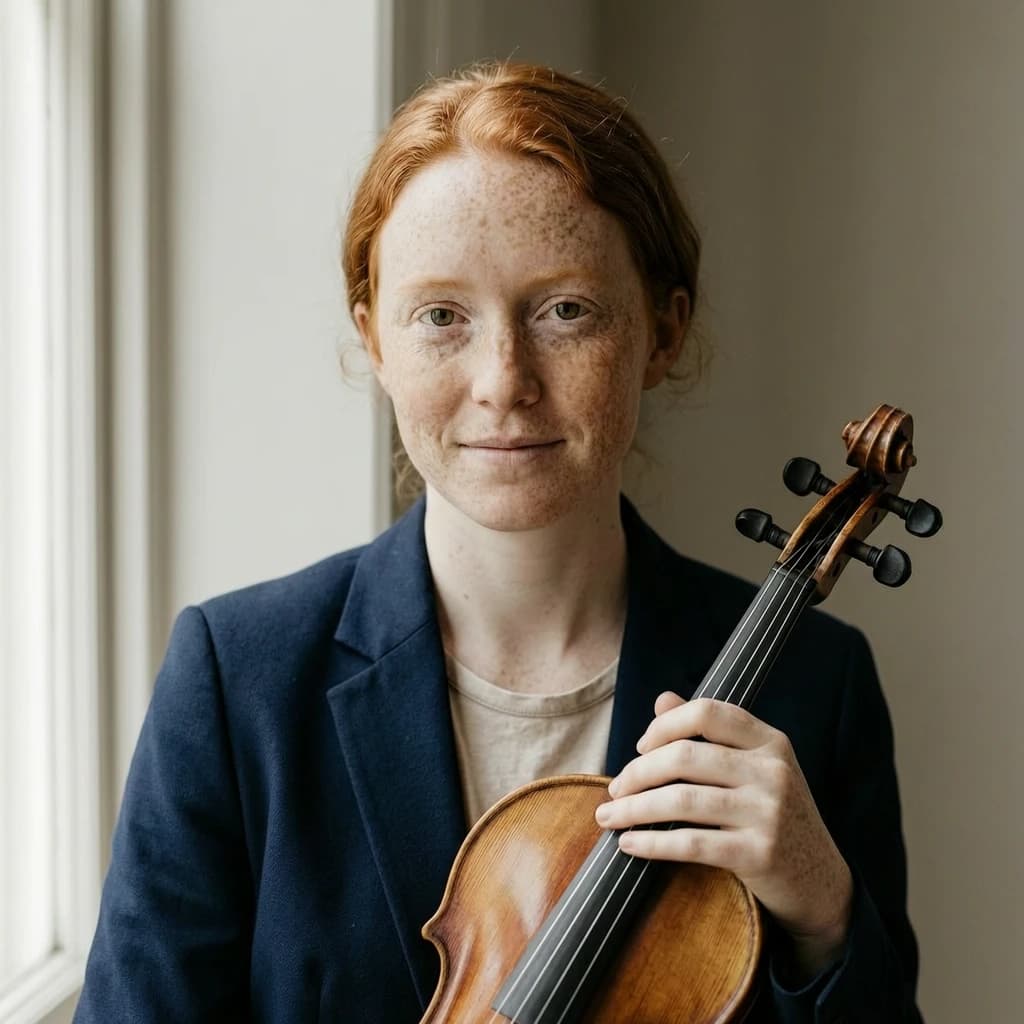 Capture a head-and-shoulders portrait of a freckled red-haired violinist in a navy blazer, soft window light, 85mm at f/1.8, gently smiling yet serious eyes, muted tones.