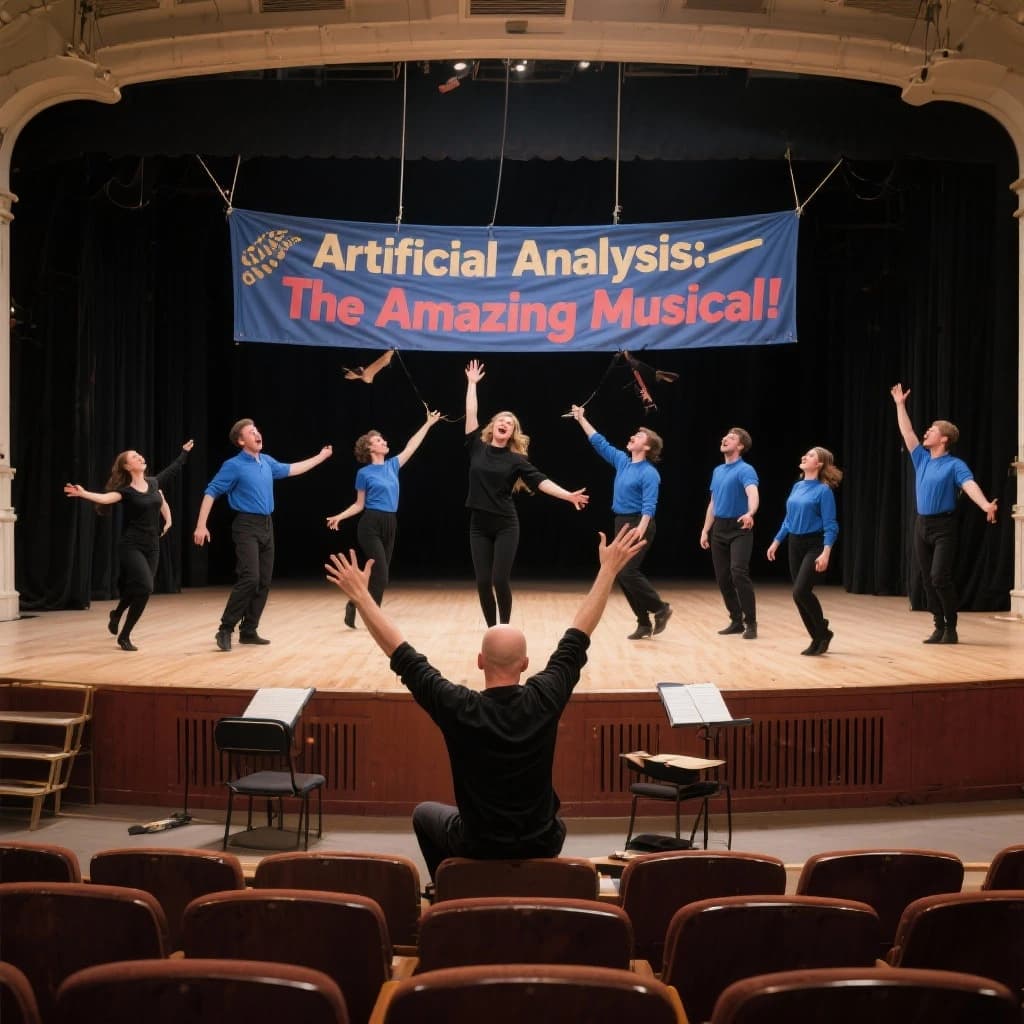 The musical troupe do a rehearsal in a large, empty theatre. 9 people are on the stage, half wear black and the others wear blue. The skinny bald director, seated in the second row, is practically leaping out of their seat with excitement as the leads nail their aerial. A giant banner reading "Artificial Analysis: The Amazing Musical!" is behind the actors.