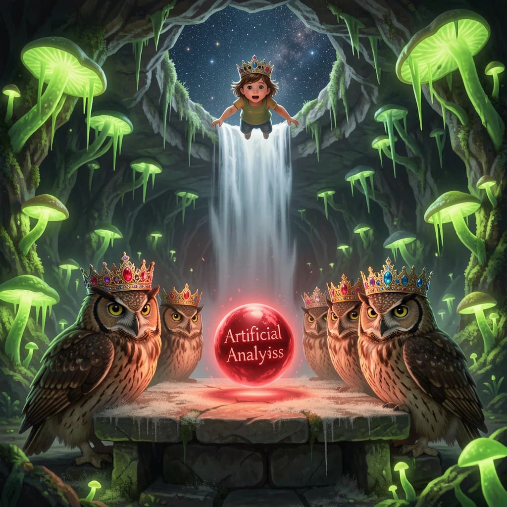 In a cavern lined with bioluminescent fungi glowing lime green, the council of owls wear jeweled crowns that glimmer with rubies, their wings folded behind their backs. Dust coats the stone table, a glowing orb inscribed with “Artificial Analysis” hovers above the table illuminating the owls with its red pulsating light. Behind them, a waterfall falls upward into a ceiling that opens onto stars - a child looks down in wonder from above at what he has stumbled across.