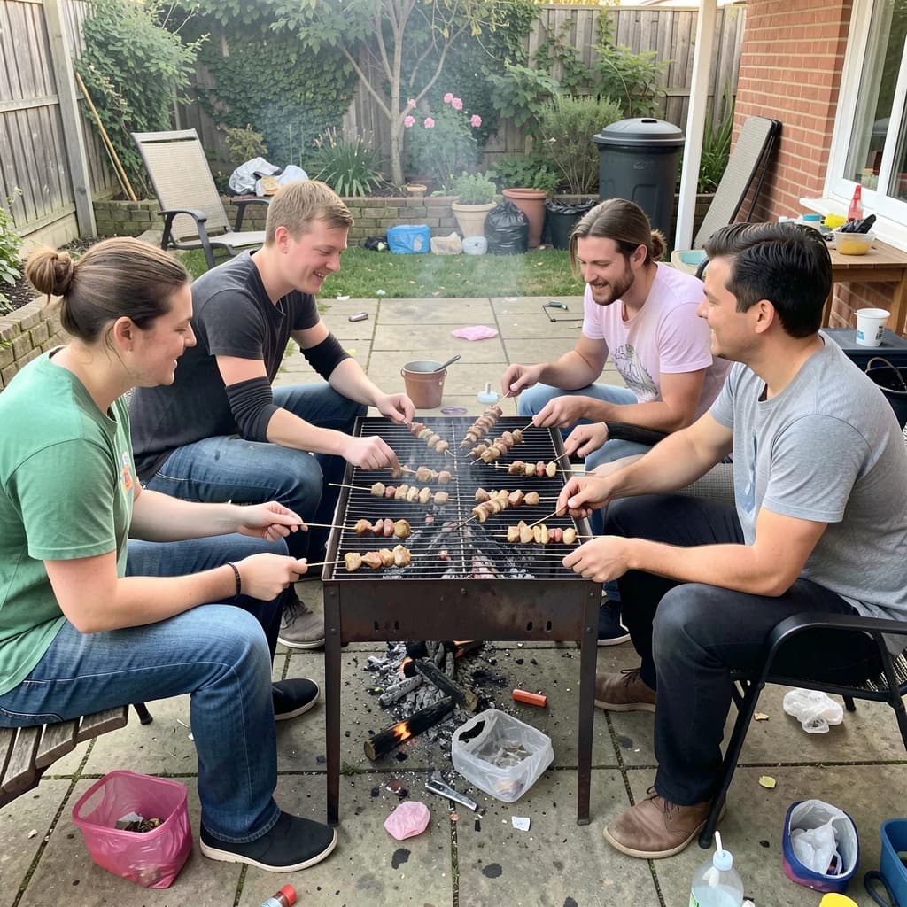 Friends grill skewers on a slightly messy patio.