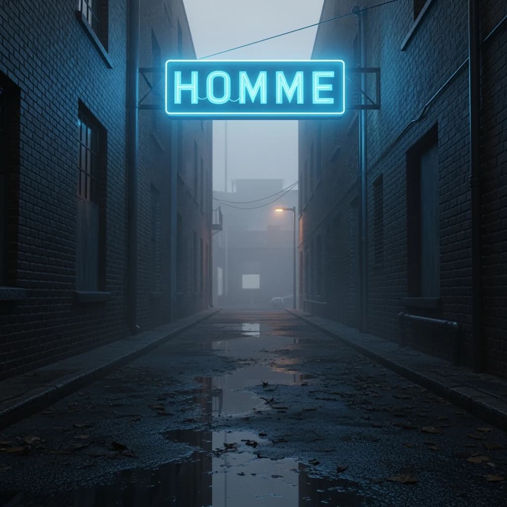 Neon serif letters flicker in a foggy alley, wet asphalt glowing a bit.
