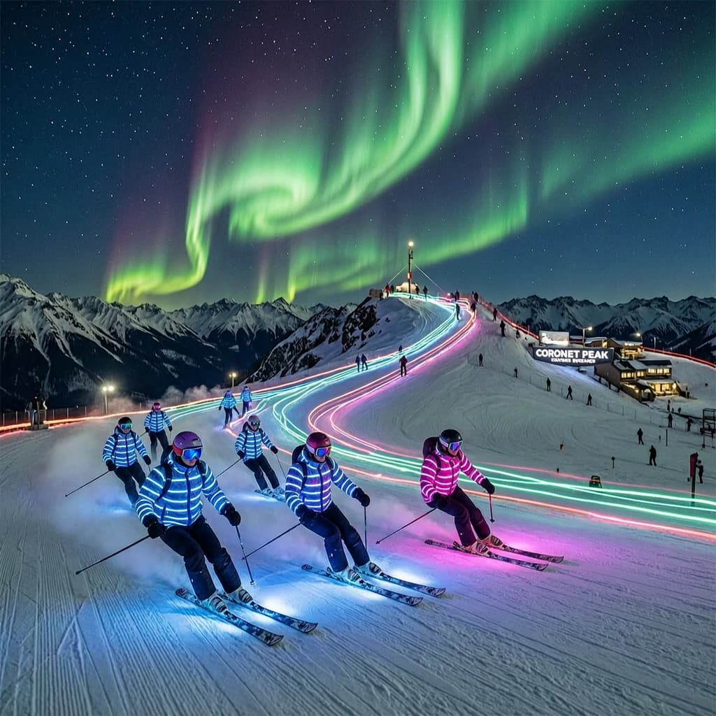 Coronet Peak Night Skiing: Skiers in colorful LED suits carve their way down the slopes of New Zealand's Coronet Peak under the Aurora Borealis, the skiers' light trails visible behind them