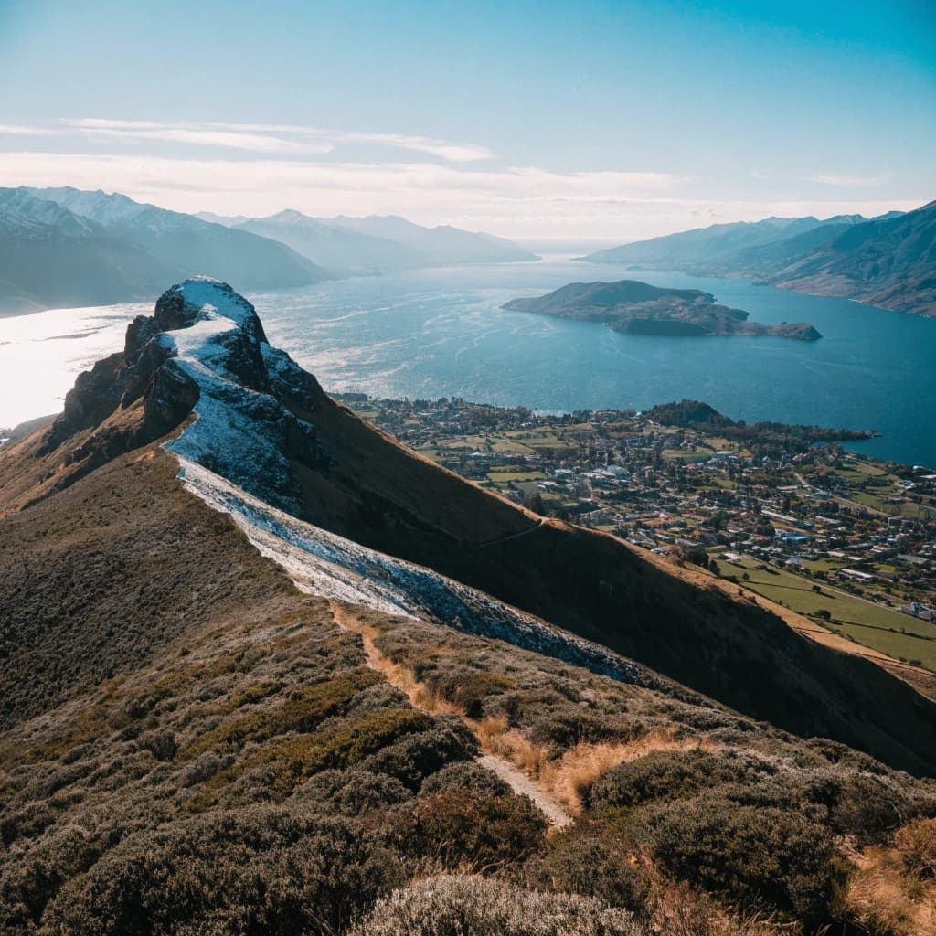 Queenstown's Lake Wakatipu, viewed from the top of Queenstown Hill after a snowstorm just dusted the top of Cecil's Peak