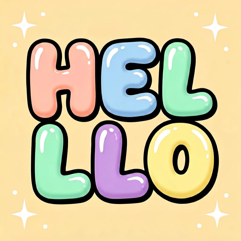 Make a bold bubble-letter poster that says HELLO, pastel palette, thick outline.