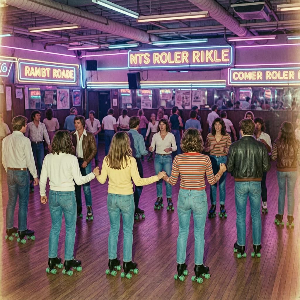 A 1970s roller rink crowd skates under neon, with a bit of fade and film grain.