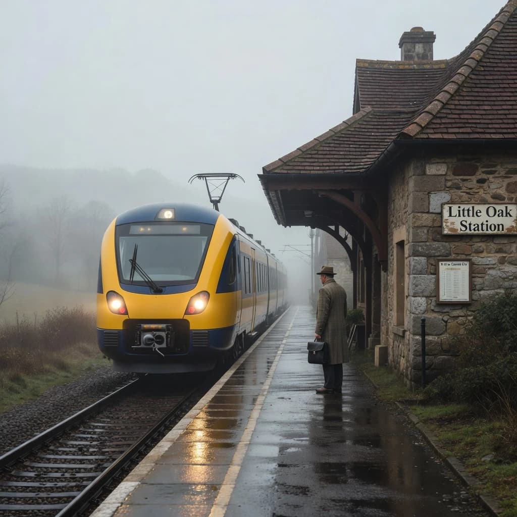 A commuter train enters a foggy little station.