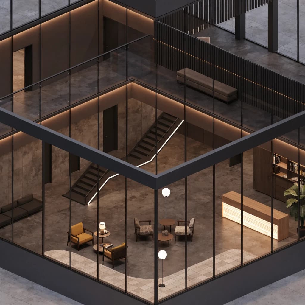 Isometric 3D lobby, glass walls, warm lights, slightly moody, soft shadows.