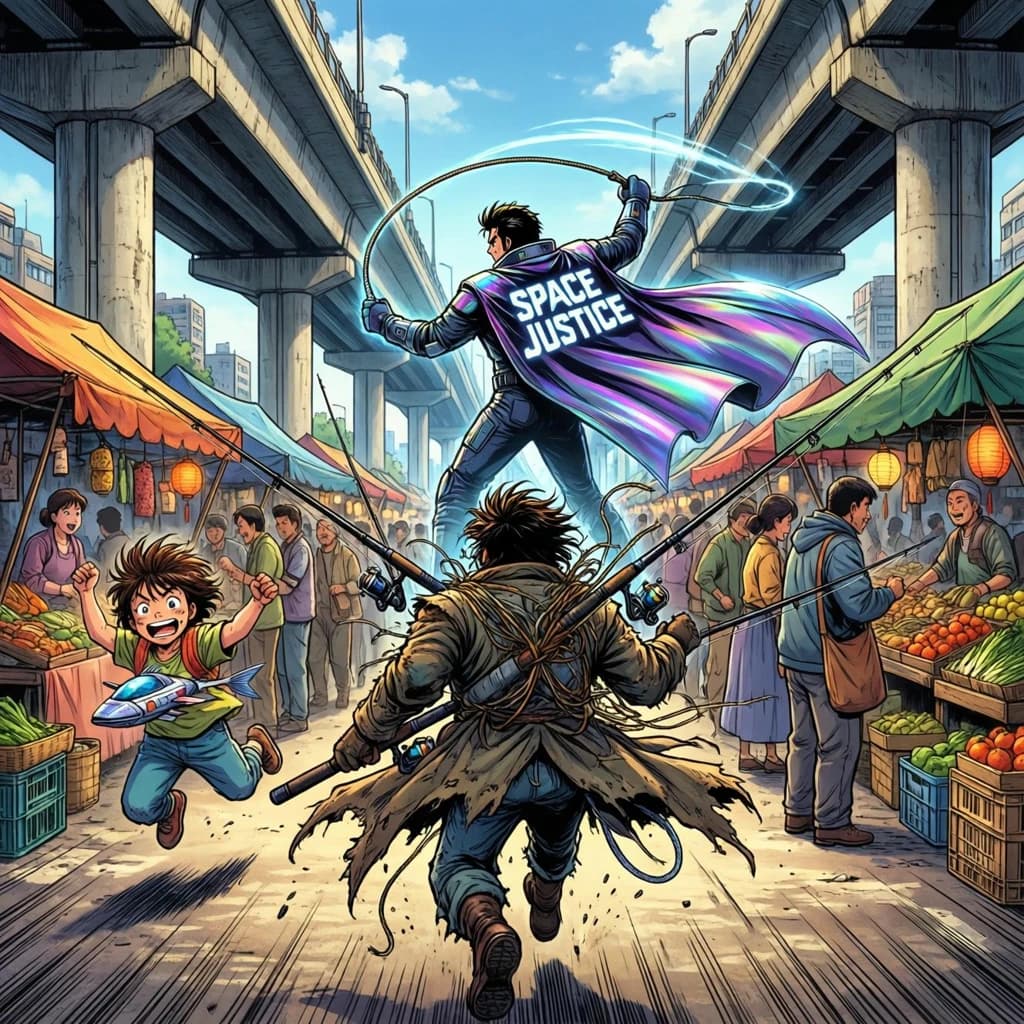 The space cowboy chases the deranged fisherman underneath the causeway, eager to collect on his bounty. Fishing rods and lines hang off the back off the fishermen as he darts between the bustling market crowd. We see the back of the space cowboy in his space poncho emblazoned with the words SPACE JUSTICE, spinning his lasso over his head. A child on the sidelines excitedly cheers the cowboy. 1990s hand drawn anime style with strong fluidity
