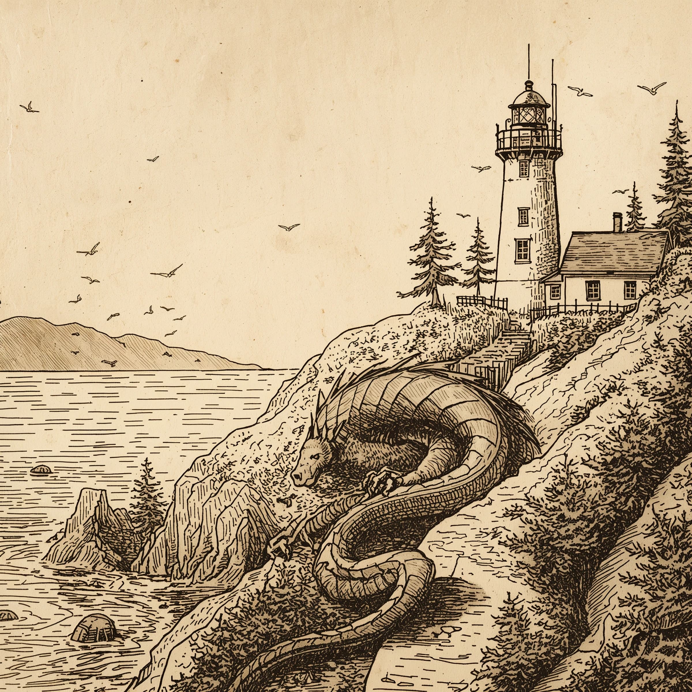 Let's do a sepia pulp cover where a dragon coils around a cliffside lighthouse.