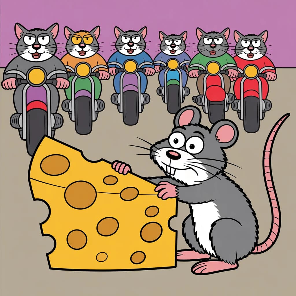 The cartoon rat clenches his thin wedge of cheese and trembles in fear as he hides from the menacing Jellicles, the roaming cat motorcycle gang, all wearing their colors with the name on the back. The cats have all drunk far too much milk and are causing a big ruckus! One cat is close to finding the rat