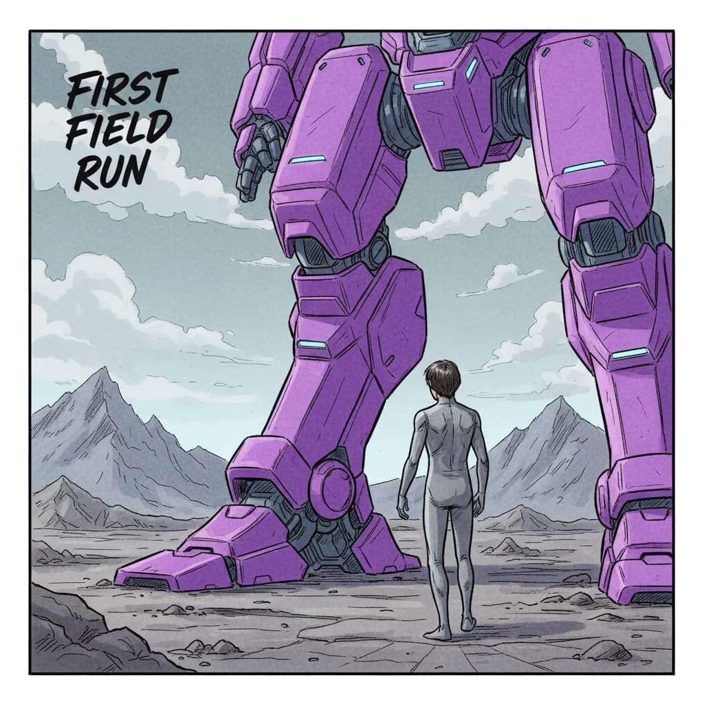 Clad in his body suit up to the neck, young Masa nervously approaches the towering mech with his back facing us. He is nervous for his first time in the field. The mech's bright purple colour scheme contrasts with the grey body suit. The scale of the mech dwarfs Masa. Hand drawn style