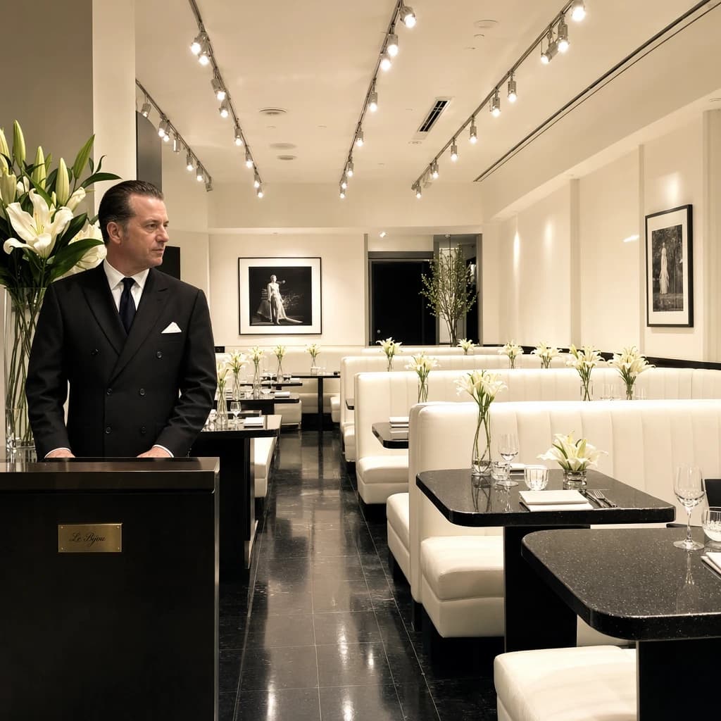 The place is almost empty. The banquettes are covered in white leather, the tables black granite, and the entire room is bathed in halogen track lighting that seems too bright. The maître d’ wears a double-breasted wool crepe jacket. There are lilies on every table.