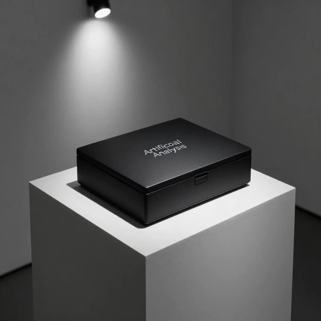 A premium matte black laptop-sized box rests on a pure white pedestal within a gallery space. Overhead, a single spotlight carves sharp contrast, leaving the edges in deep shadow. The brand name Artificial Analysis is embossed in silver foil, glinting faintly as though it were jewelry.