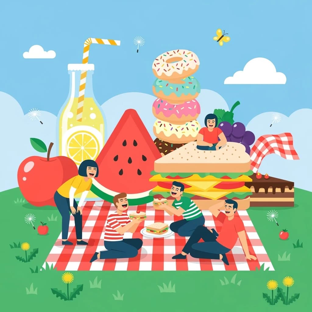 Flat vector picnic scene, friends laughing, oversized food icons, simple shapes.