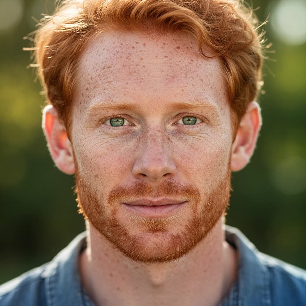 Shoot a natural light headshot of a red-haired man with freckles, green eyes.