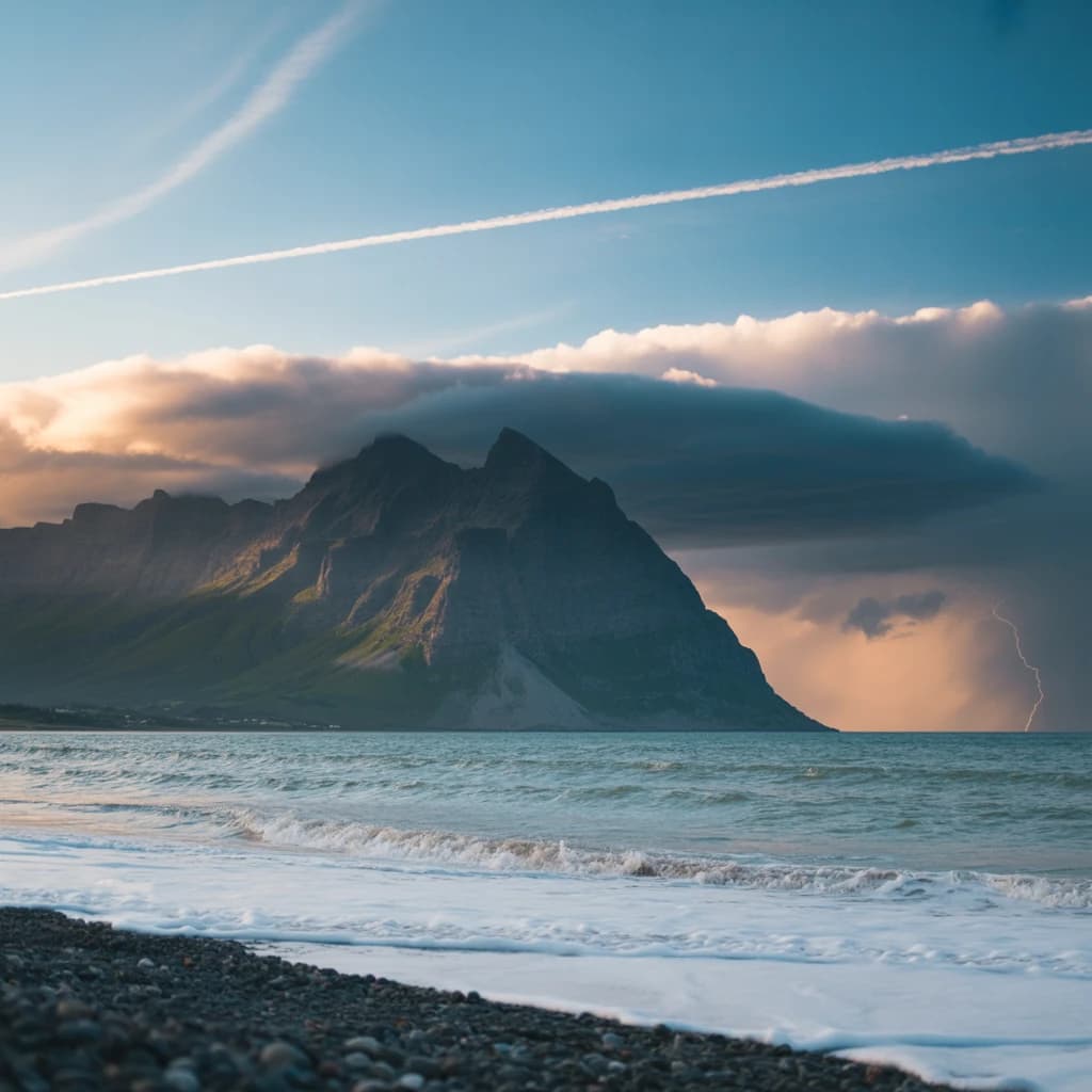 A stunning mountain vista pokes through the cloud top. Contrails from a distant airplane linger in the air. In the foreground there is a stony beach with foamy seas. A thunder storm is visibile in the distant right.